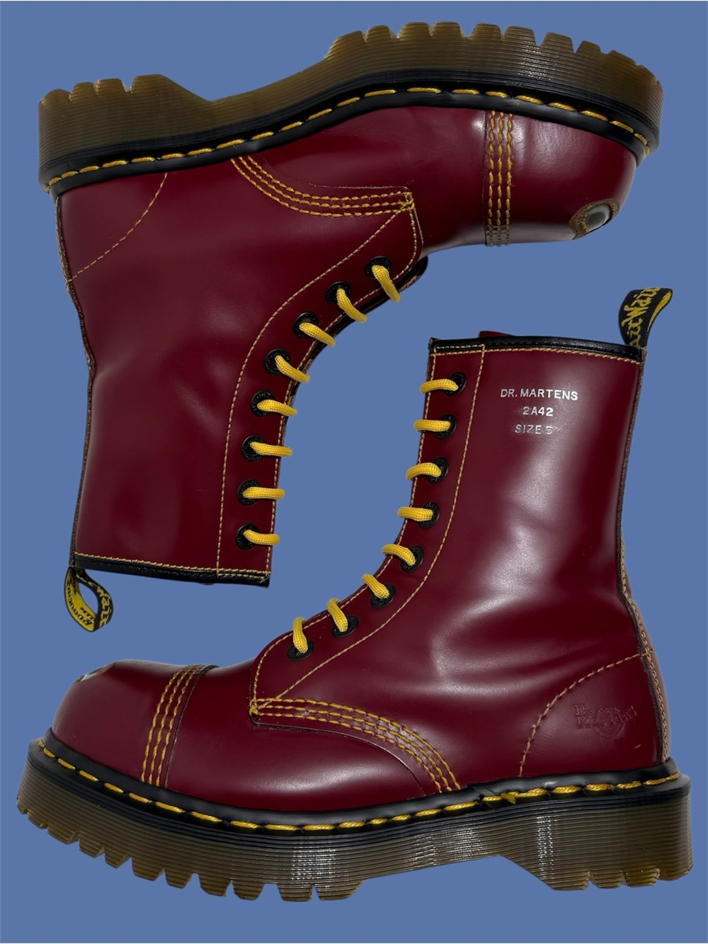 Vintage Dr. Martens 2A42 Doc Oxblood Red Exposed Steel Toe Leather Boots UK 5